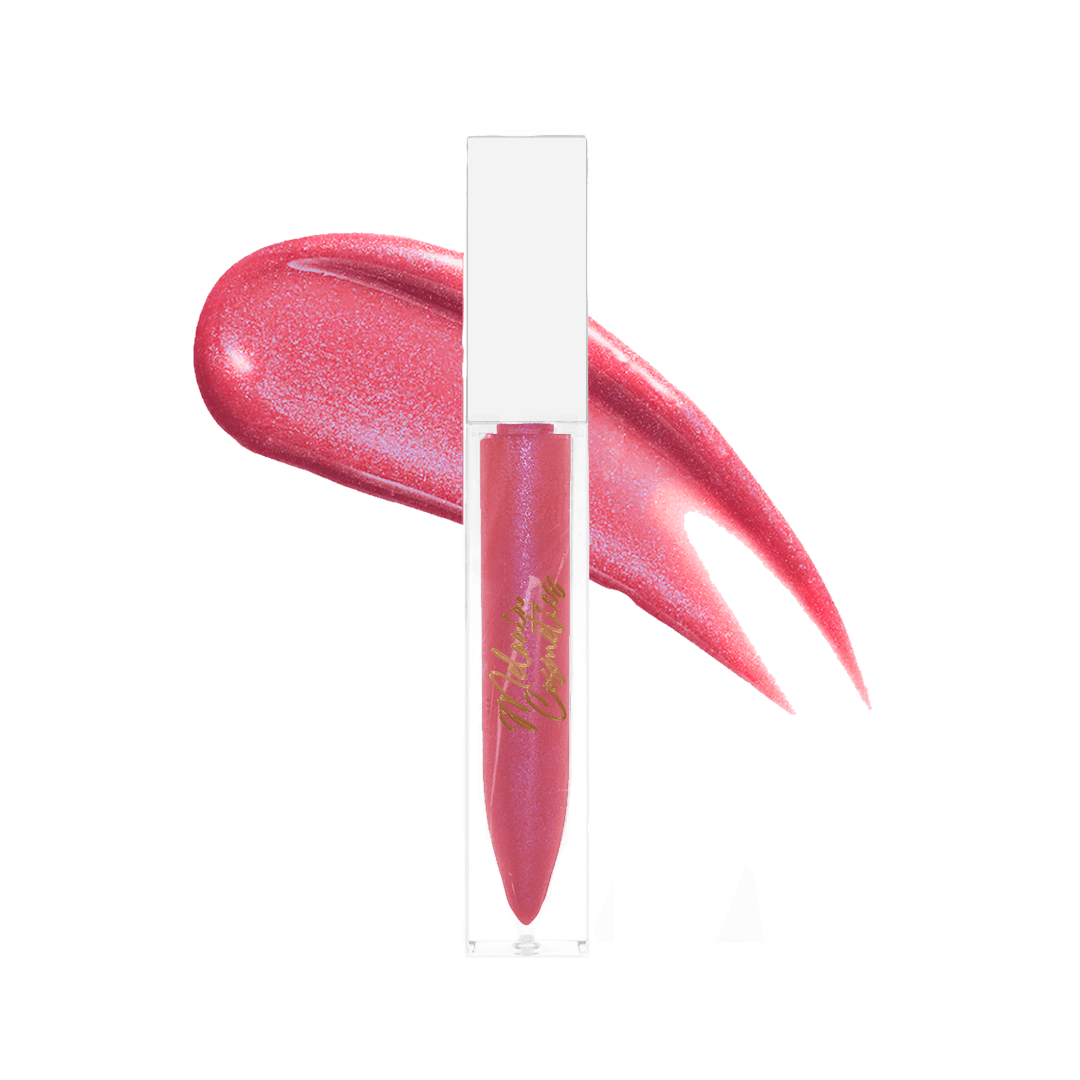 Pink shimmer lip gloss in a clear tube with gold lettering.